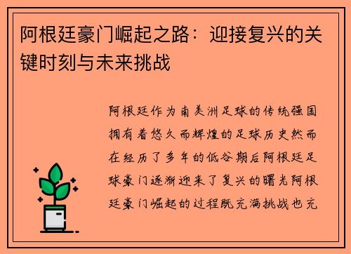 阿根廷豪门崛起之路：迎接复兴的关键时刻与未来挑战