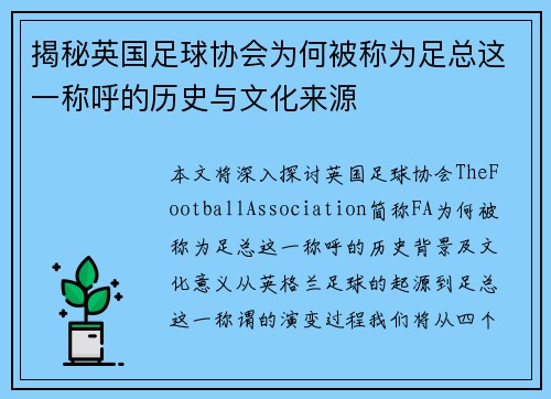 揭秘英国足球协会为何被称为足总这一称呼的历史与文化来源