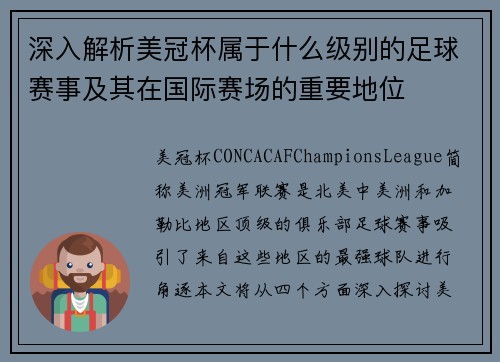 深入解析美冠杯属于什么级别的足球赛事及其在国际赛场的重要地位